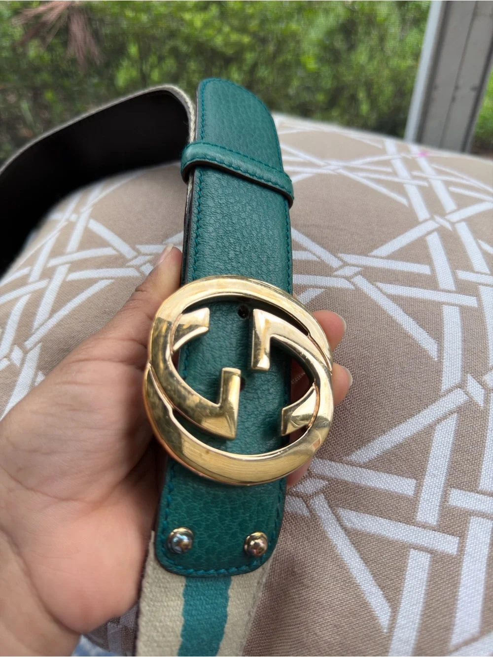 Gucci Green and Cream Web Belt with Gold Double G Buckle